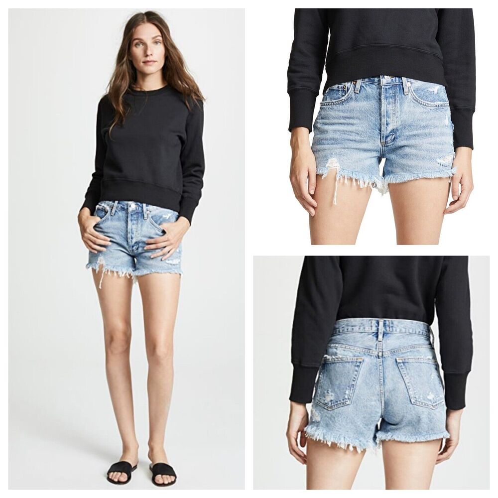 Agolde Denim Shorts Parker Vintage Loose Fit High-rise Cutoff Distressed Size 24